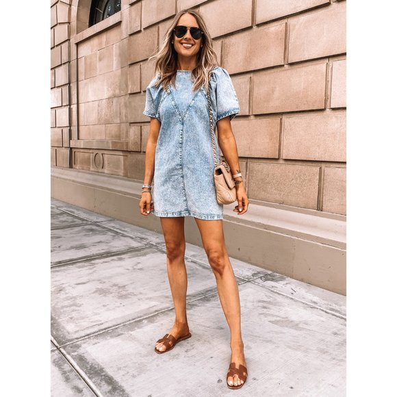 TOPSHOP Blue Acid Wash Denim Jean Short Puff Sleeve Sleeves Mini Dress Minidress - Picture 1 of 11